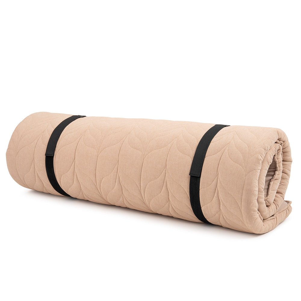 khaki floor mattress- easily rolls up or folds away